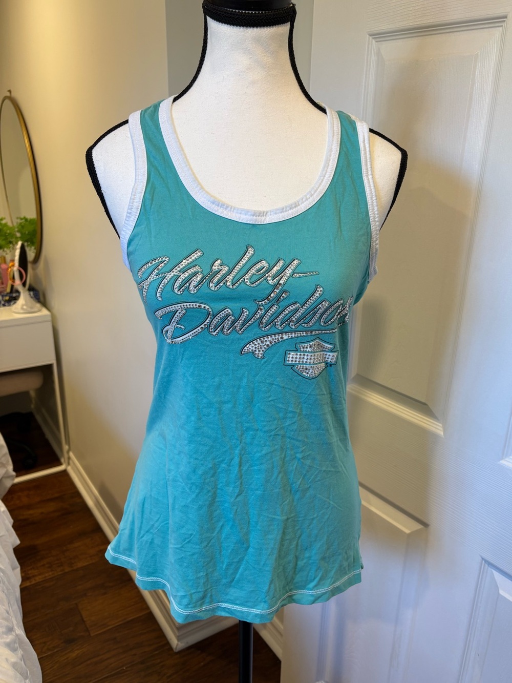 Harley-Davidson Rhinestone Logo Lace Racerback Tank Top Aqua Blue M Y2K